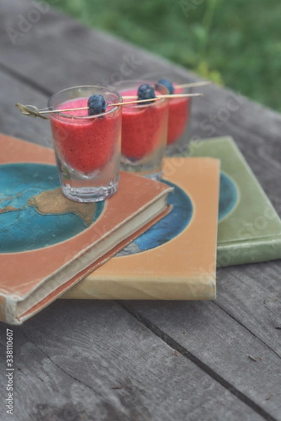 Obraz alcoholic shots with skewers with berries