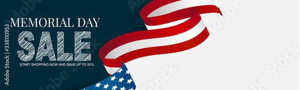 Fototapeta Memorial Day banner, website or newsletter header. Background with American national flag ribbon. United States of America holiday celebration concept. Vector illustration.