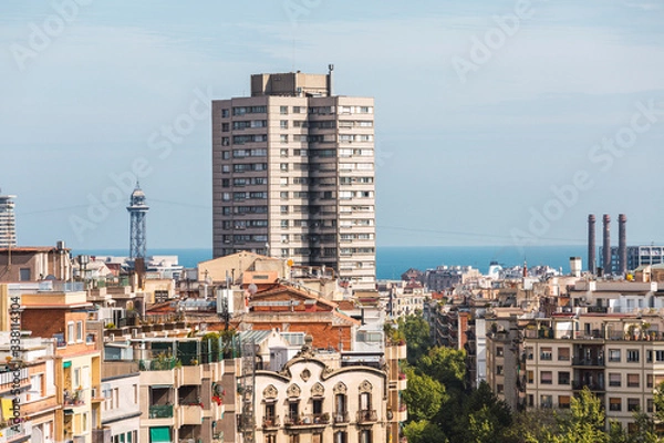 Fototapeta Panoramic view of the city of Barcelona and in the background the Mediterranean Sea