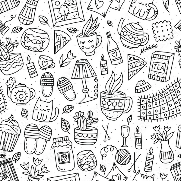 Fototapeta Seamless pattern with doodles on home theme