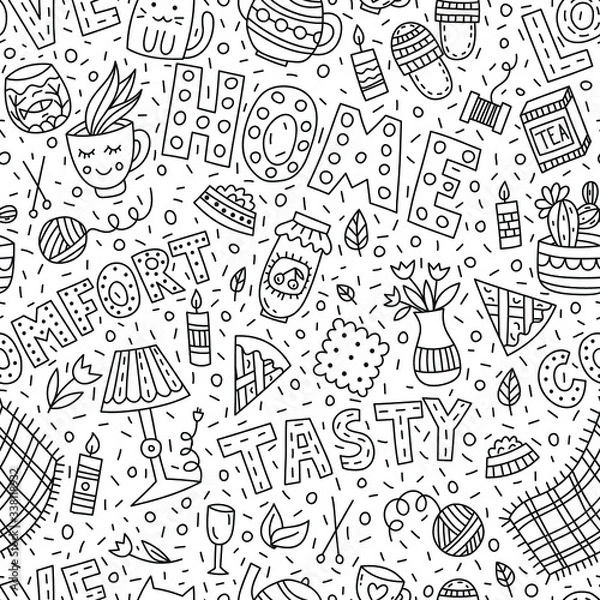 Fototapeta Seamless pattern with lettering and doodles on home theme