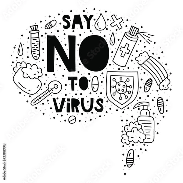 Fototapeta Say NO to virus. Doodle illustrations with lettering in speach bubble shape