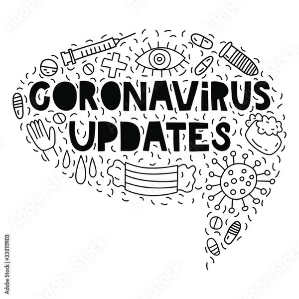 Fototapeta Coronavirus updates. Doodle illustrations with lettering in speach bubble shape