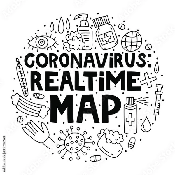 Fototapeta Coronavirus Realtime Map. Doodle illustration with lettering in circle shape