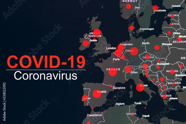 Fototapeta The coronavirus pandemic with the word COVID-19 on the global map of Europe with red dots of infection centers.