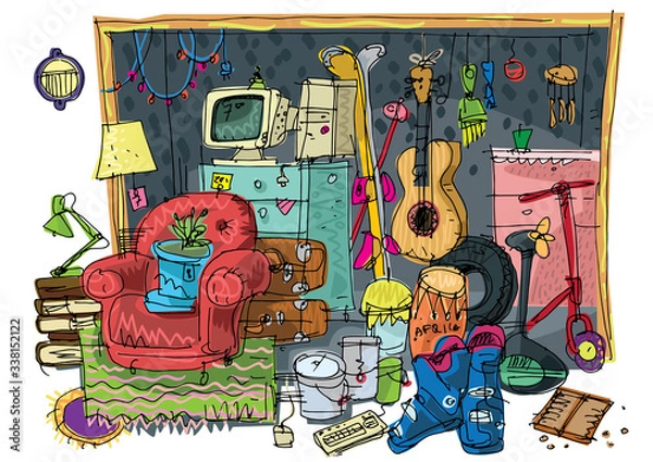 Obraz Hand drawn picture of a facade of domestic garage full of stuff for local sale. Hobby. Caricature. Sketch.