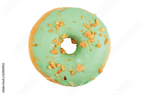 Fototapeta Blue donut sprinkled with red balls isolated on white background top view