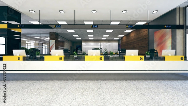 Fototapeta Customer stand large open space office 3D rendering