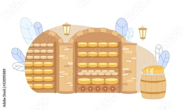 Fototapeta Cellar Room with Cheese Yellow Wheel Row on Shelf