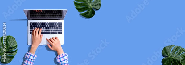 Fototapeta Person using a laptop computer with tropical leaves from above