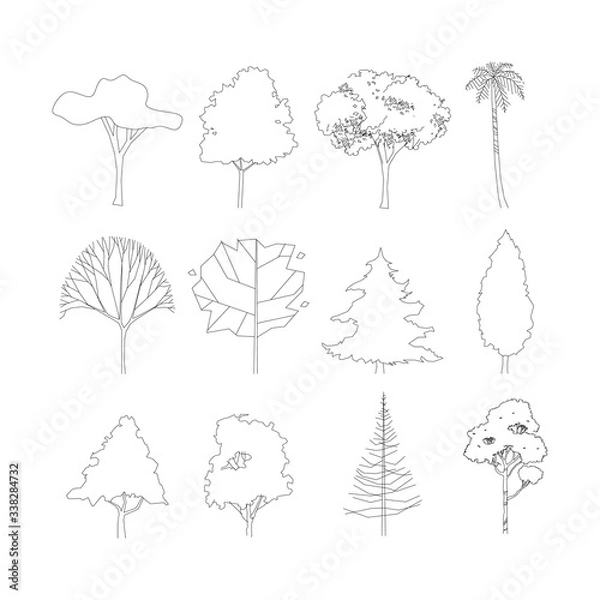 Fototapeta Side view, set of graphics trees elements outline symbol for architecture and landscape design drawing. Vector illustration