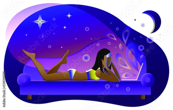Obraz The girl is lying on the sofa with a laptop, working or virtually traveling the world. Vector image for social networks, postcards, booklets, banners, screensavers, ads with the hashtag stay at home