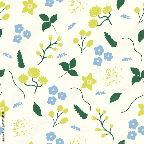 Fototapeta Seamless pattern with flowers in yellow and blue light colors. Perfect for print, textile, fabric, covers. Vector