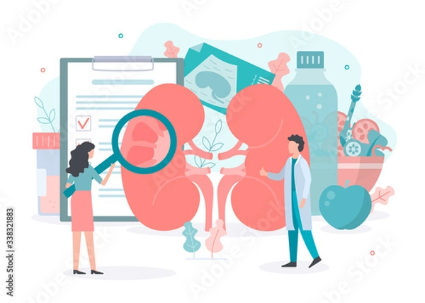 Obraz Checking kidney health. Drink more water and special diet. Medical concept with tiny people. Flat vector illustration.