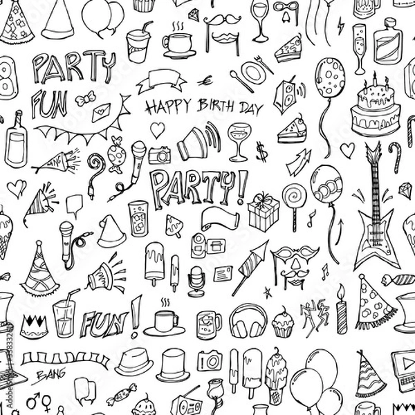 Fototapeta Party doodle background seamless pattern. Drawing vector illustration hand drawn eps10