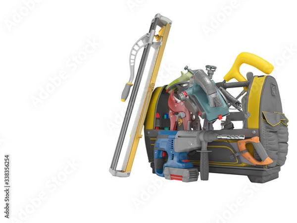 Fototapeta 3D rendering orange open bag with tools for interior construction work on white background no shadow