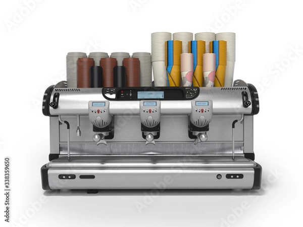 Fototapeta 3D rendering concept of the sale of coffee with professional coffee machine on three horns front view on white background with shadow