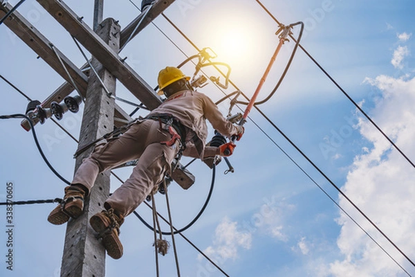Fototapeta The power lineman use clamp stick (insulated tool) to closing a transformer on energized high-voltage electric power lines. The power lineman must be trained because it is a risky job.