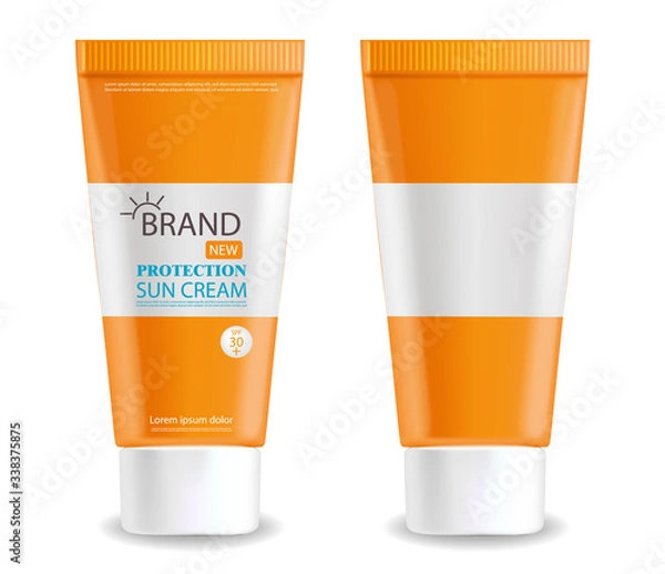Fototapeta Sun cream bottle realistic isolated, white background, packaging mockup, protection sun cream, summer cosmetics vector illustration
