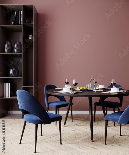 Fototapeta Salmon red interior dining room with blue chairs, poster mock up, 3d rendering