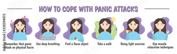 Fototapeta How to deal with a panic attack. How to stop anxiety and panic disorder. Psychological infographics. vector illustration.