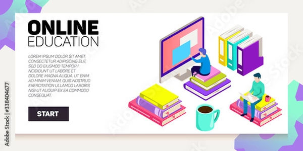 Fototapeta Isometric online education vector banner. E-learning. Imagination ad creativity.