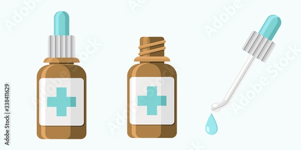 Fototapeta Nasal drops with pipette flat vector illustration. Set of three illustrations.