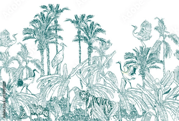 Fototapeta Seamless Border Animals in Tropical Forest with Banana Palms Blue on White background, Lithography Jungle Wallpaper Mural, Wildlife High End Back Drop Heron, Crane, Tiger, Leopard in Exotic Plants