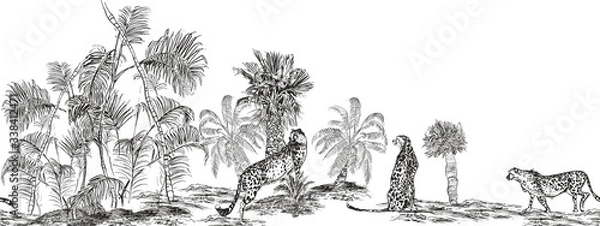 Fototapeta Black and White Lithography Jungle Forest Tropical Plants with Safari Wildlife Cheetah , Panoramic View Tropics Desert