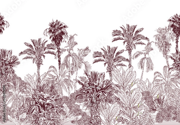 Obraz Seamless Border Vintage Etching Tropical Jungle Pattern, Toile Tropics Wallpaper Design, High End Palms Brown on White Background