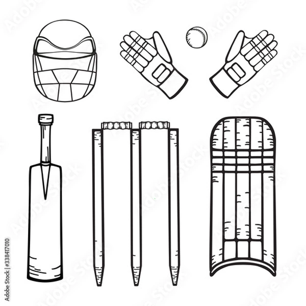 Fototapeta Cricket equipment. Hand drawing in cartoon style. Set of vector isolated icons on white background for coloring and design.