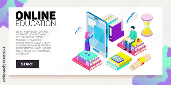 Fototapeta Isometric online education vector banner. E-learning. Imagination ad creativity.