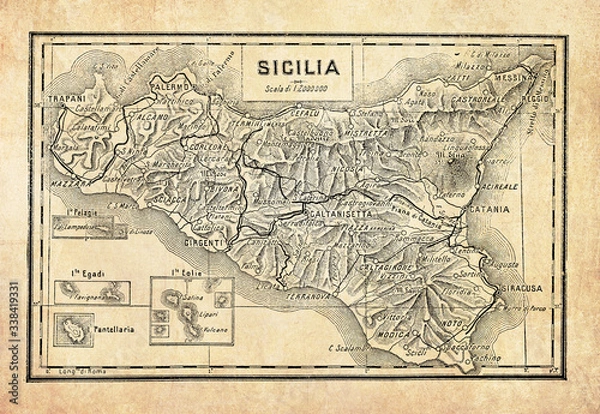 Obraz Starożytna mapa Sycylii, największej wyspy na Morzu Śródziemnym i jednego z 20 regionów Włoch z otaczającymi go mniejszymi wyspami, z geograficznymi włoskimi nazwami i opisami