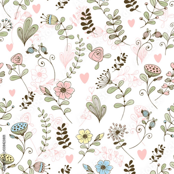 Fototapeta Doodle flower pattern cute flowers on white background. Vector .