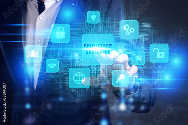 Fototapeta Business, Technology, Internet and network concept. Young businessman working on a virtual screen of the future and sees the inscription: Employee benefits