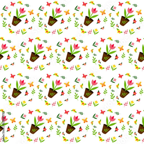 Fototapeta Garden tulips vector seamless pattern. Flowers seamless texture. Spring flowers, twigs and butterflies. Packaging, textiles, wrapping paper, wallpaper design. Isolated white background. Gardening.