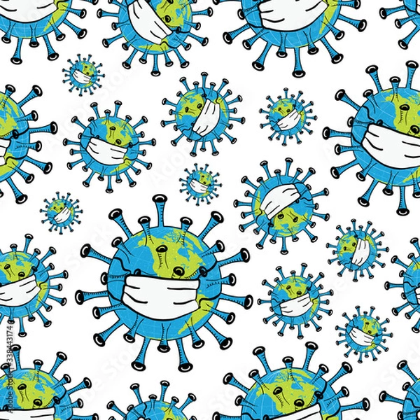 Obraz Earth globe as coronavirus, wearing safety mask, on white background. Vector seamless pattern.