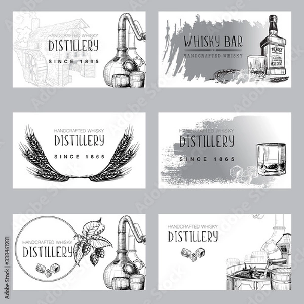 Fototapeta Set of business card templates for the whisky related businesses. Sketch style drawing isolated on white background. EPS10 vector illustration