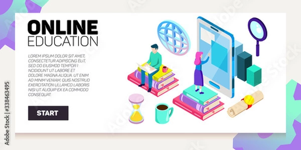 Fototapeta Isometric online education vector banner. E-learning. Imagination ad creativity.
