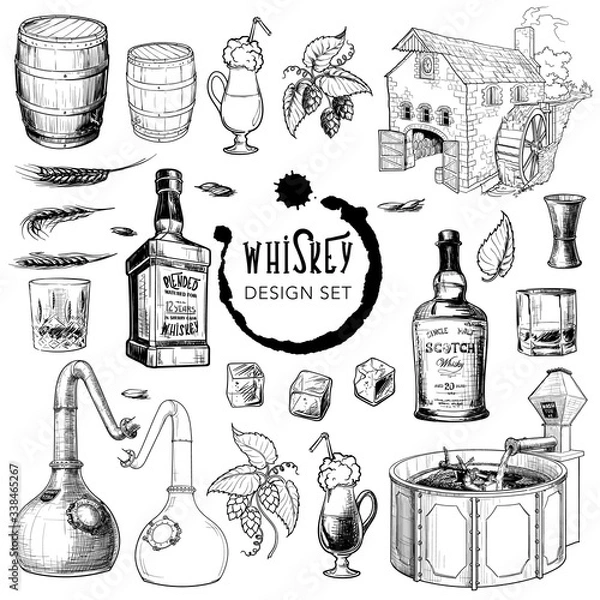 Obraz Zestaw elementów projektu związanych z whisky. Przydatne do brandingu i dekoracji pubu barowego lub gorzelni. Ręcznie rysowane obiekty stylu szkicu na białym tle. Ilustracja wektorowa Eps10