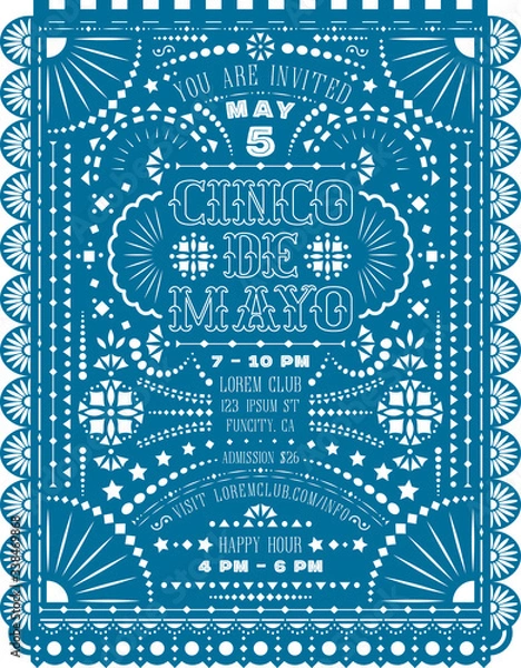 Fototapeta Cinco De Mayo announcing poster with paper cut design.