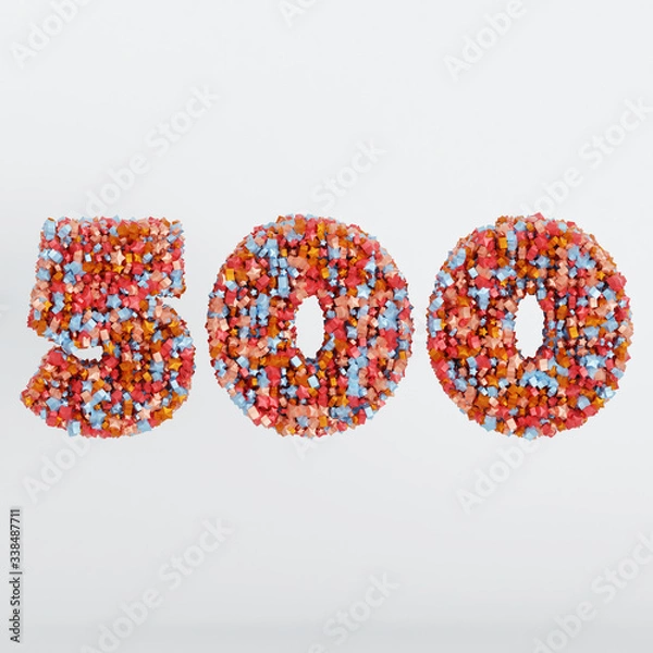 Fototapeta Number 500 3D Text Illustration, Digits With Pink And Sky Colors Stars, 3D Render In 4K Resolution, Isolated On White Background, With Shadow ..
