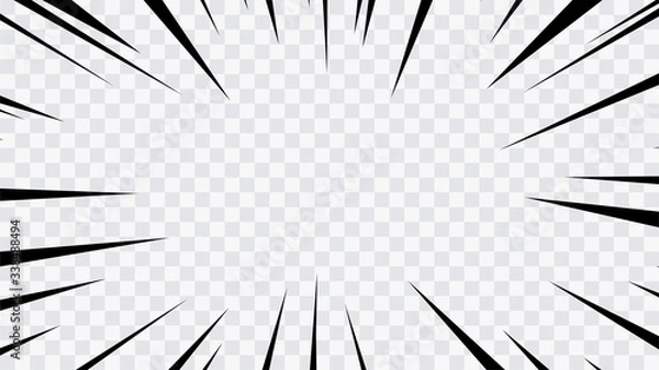 Obraz Abstract comic book flash explosion radial lines on transparent background. Vector illustration superhero design. Bright black light strip burst. Flash ray blast glow. Speed lines Manga frame. Anime.