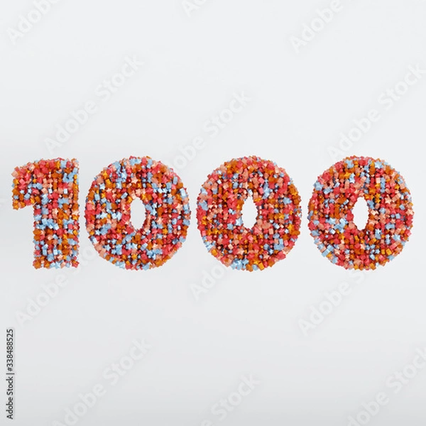 Fototapeta Number 1000 3D Text Illustration, Digits With Pink And Sky Colors Stars, 3D Render In 4K Resolution, Isolated On White Background, With Shadow ..