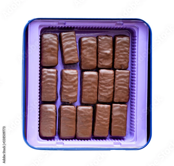 Fototapeta chocolate marshmallow candy in box isolated on white background
