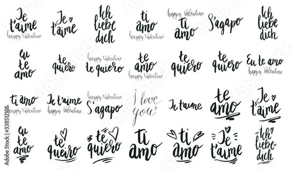Fototapeta I love you phrase written in various languages. VHappy Valentine Day celebration set. Vector letteing isolated on white.