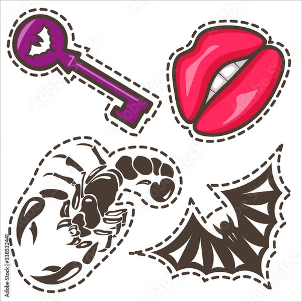 Obraz Sticker pack of gothic illustrations - lips, scorpion, key, bat.