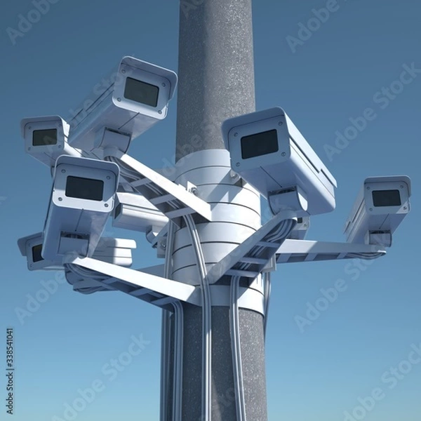Obraz A lot of cctv cameras. Big brother concept. Face detection. No privacy.