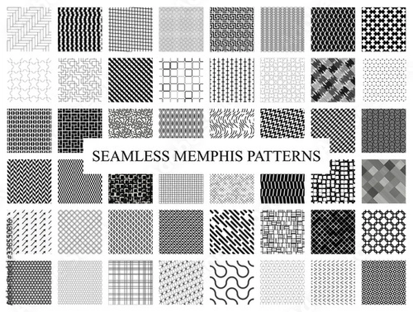 Fototapeta Bundle big collection of Memphis seamless patterns. Style 80-90s. Monochrome black and white textures.