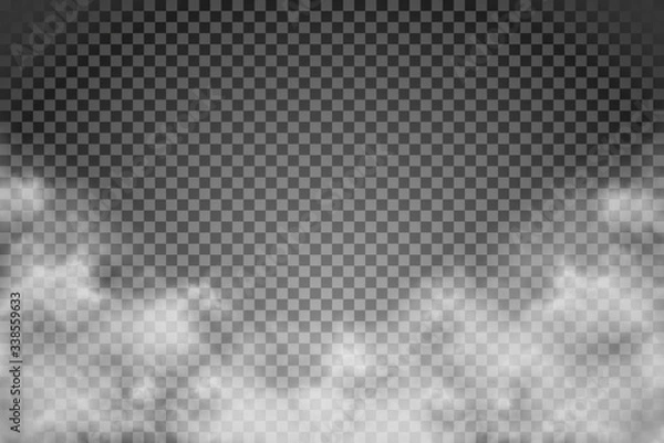 Fototapeta White fog texture isolated on transparent background. Steam special effect. Realistic vector fire smoke or mist